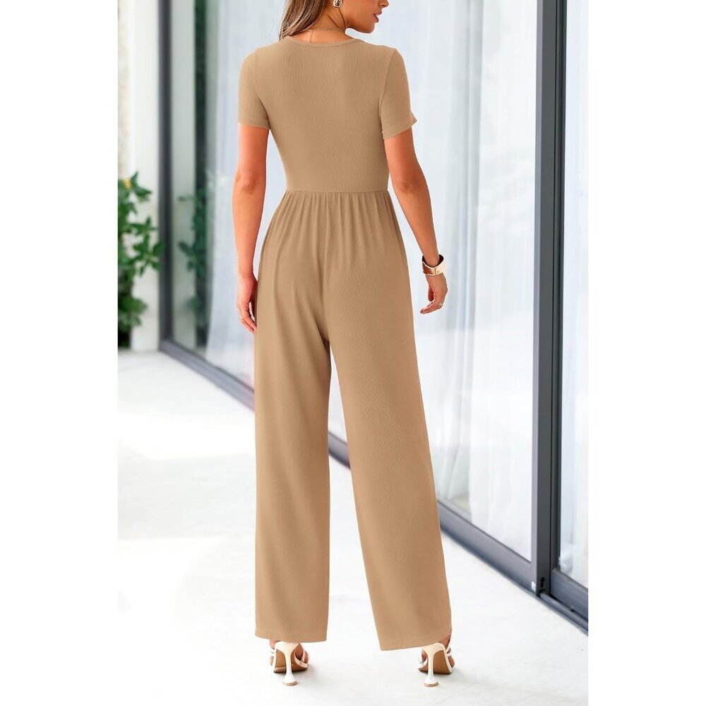 Women's Camel Summer Short Sleeve Square Neck Wide Leg Rompers Jumpsuits - Picture 2 of 8